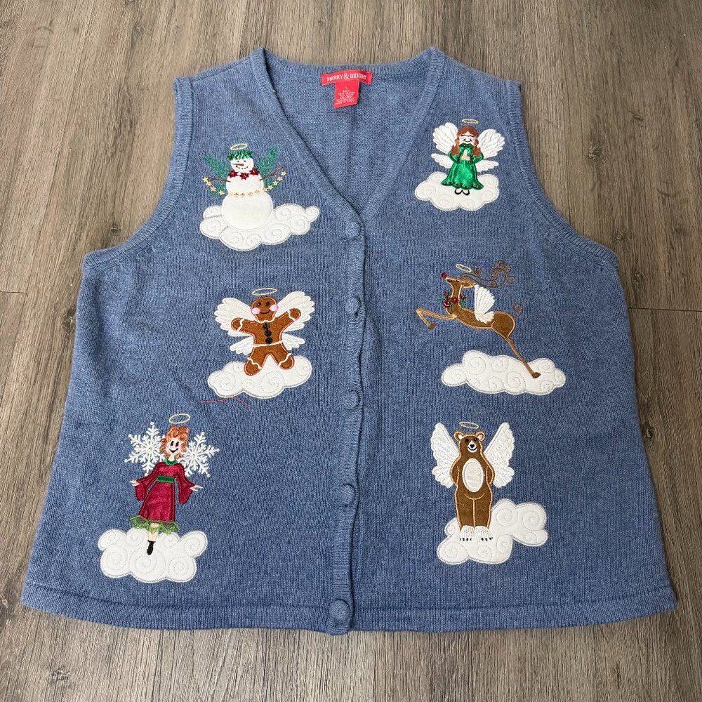 Merry & Bright Blue Christmas Angels Linen Sweater Vest Holiday Size L